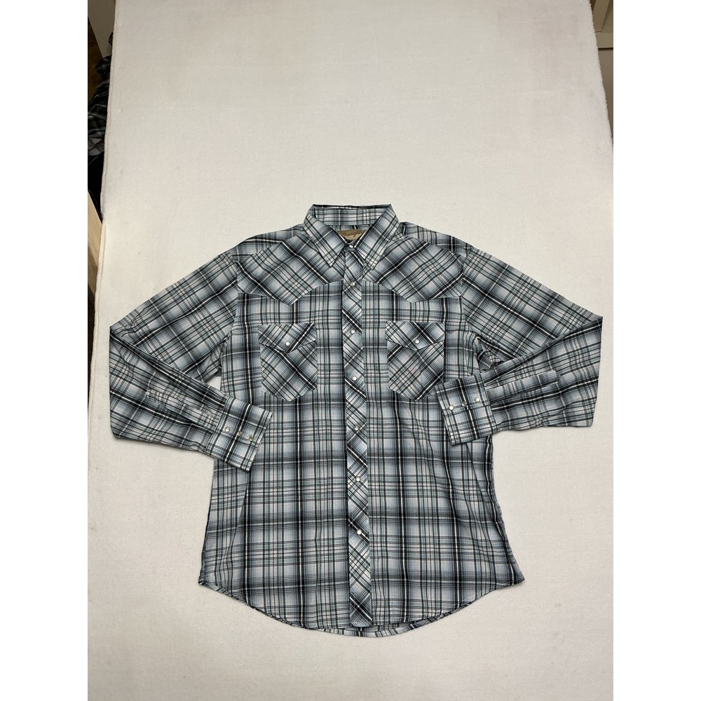 Wrangler Mens Large Western Pearl Snap Shirt Plaid Gray Black Long Sleeve Cowboy